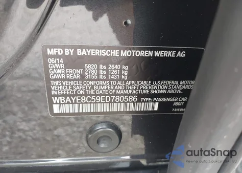 2014 BMW Alpina B7 from USA, damaged, VIN WBAYE8C59ED780586